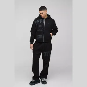 Oversized Boxy Official Tonal Print Zip Hooded Tracksuit